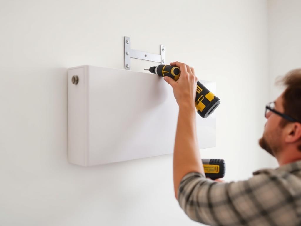 Wall bracket being drilled into place for a slim white wall-mounted heater