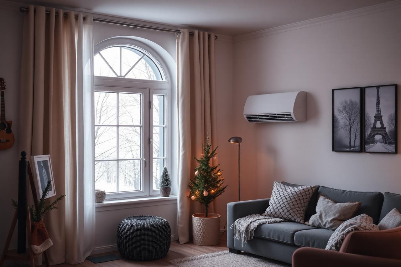 LG Breeze wall heater mounted in a warm Scandinavian-style living room during winter